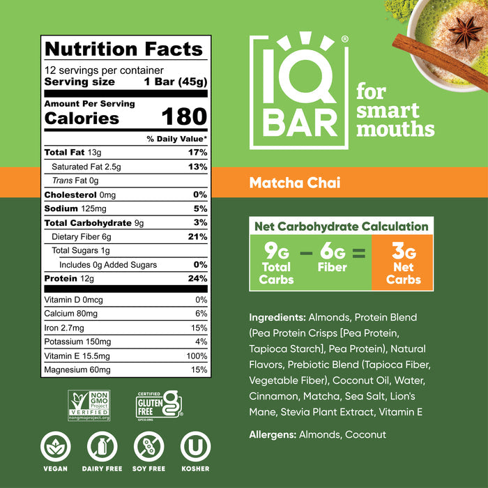 IQ BAR | 12 Matcha Chai Protein Bars